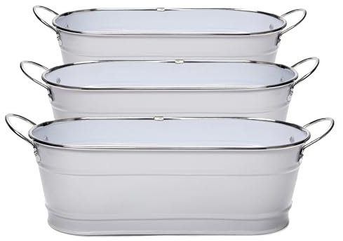 HdHStore©/Juego de 3 Jardineras Oval con Filo Plata, Color Blanco Metálico, 32.5x11x10.5 cms./Set de Tres Maceteros para Jardín, Ventanas, Patios y Multiusos para el Hogar