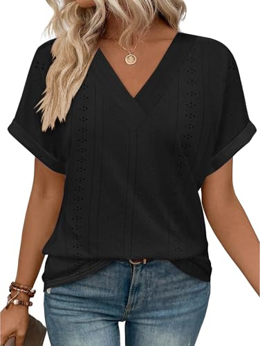 iChunhua Baggy T Shirts for Women UK Eyelet Embroidery Rolled Sleeve Tee Lightweight Ladies Summer Tops Size 12 Black L