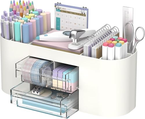 SUPTIDY Schreibtisch-Organizer mit Stiftehalter, 10-Fach Stifteorganizer mit 3 Schubladen, Kunststoff-Schreibtischorganizer und Zubehör für Schreibtischorganisation und Aufbewahrung, Bürobedarf (Weiß)