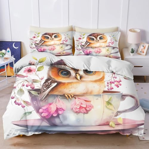 SMchwbc Eule Bettwäsche 135x200 Kinderbettwäsche Eule Kinder Bettbezug Set, Cartoon Eule Bettwäsche-Set 3D Süße Bettbezug Mit Reißverschluss
