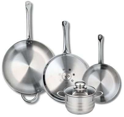 ELO 9884750 Batterie de cuisine 4 pièces, Ensemble de 3 Poêles de cuisson 24, 28 et 32 cm et 1 faitout 16 cm Elo Profi Brillant, inox, induction
