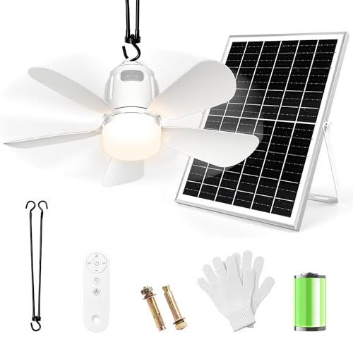 Ventilador de Techo con luz Solar, Lampara Ventilador Techo de 20000 mAh con iluminación, Panel Solar Control Remoto, Ideal Para Patios, Cenadores, Parasol, Toldos, Parasol, Camping y Jardín. (50cm)