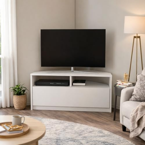 DECOROTIKA Comero 100 cm Corner Design TV Stand | Two Open Shelves | Dropdown Cabinet (White)