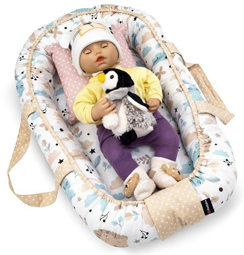 PinkZebra Puppentragetasche Puppennest, Kokon für Puppen & Kuscheltiere bis 48 cm, Nestchen für Kuscheltiere, Puppenzubehör, Wickel- und Tragenest, Puppennestchen aus Baumwolle, Igel