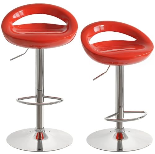 HOMCOM Lot de 2 Tabourets de Bar Réglable en Hauteur 46x41x76-96cm Rouge | Chaises de Bar, Chaise Haute Cuisine avec Dossier, Repose-Pieds, Pivotant 360°, ABS et Métal, Salle à Manger, Comptoir