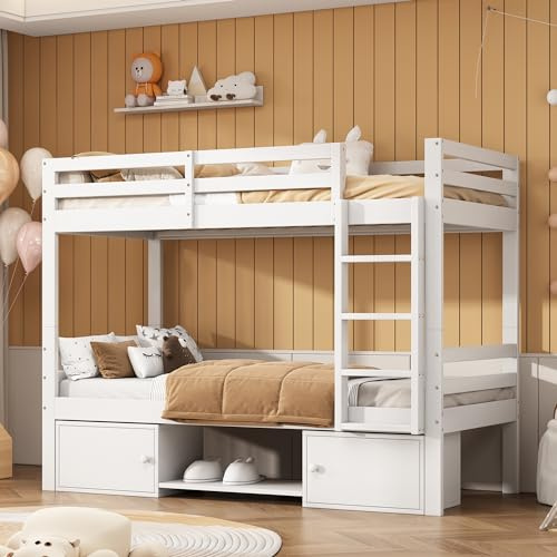 Etagenbett mit Regal und Schuhschrank, teilbar in Zwei Einzelbetten, Jugendbett mit Schließfächern, Massivholzrahmen, modernes Funktionsbett, platzsparend und praktisch