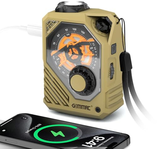 Gemmac Tragbares Kurbelradio mit Bluetooth/USB Flash Drive/TF Anschlus, 2000mAh Akku AM/FM/SW Notfallradio als Taschenlampe & Ladegerät, SOS Blackout Notfall Ausrüstung für Camping & Survival Kit