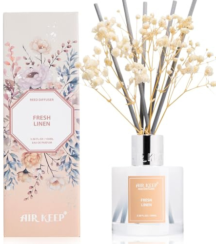 Airkeep Raumduft Fresh Linen – Reed Diffuser mit 8 Duftstäbchen, langanhaltender Lufterfrischer für Badezimmer, Schlafzimmer & Wohnzimmer, stilvolle Heimdekoration, 100m
