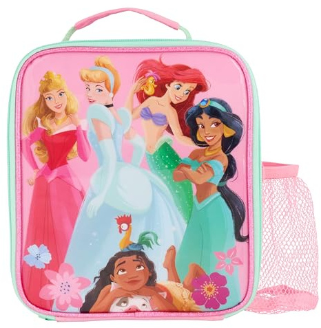 Disney Princess - Lonchera aislada con Aurora, Cenicienta, Ariel, Jazmín, Moana con forro antibacteriano y bolsillo de malla para botellas, rosa, para la escuela y viajes