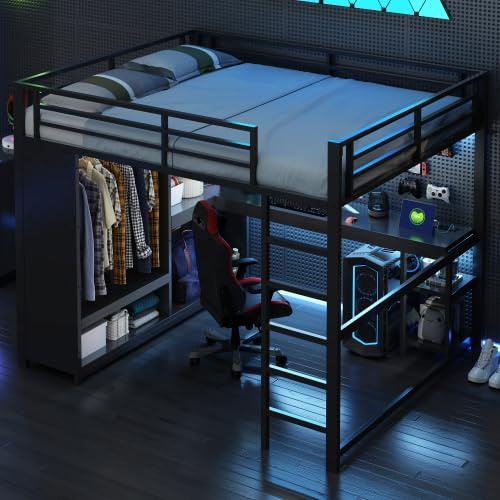 Merax Etagenbett Hochbett aus Eisen mit LED-Beleuchtung, Schreibtisch, offenem Kleiderschrank und Ablagefächern, 160x200 cm, Schwarz – Ideal für Jugendzimmer oder Gaming