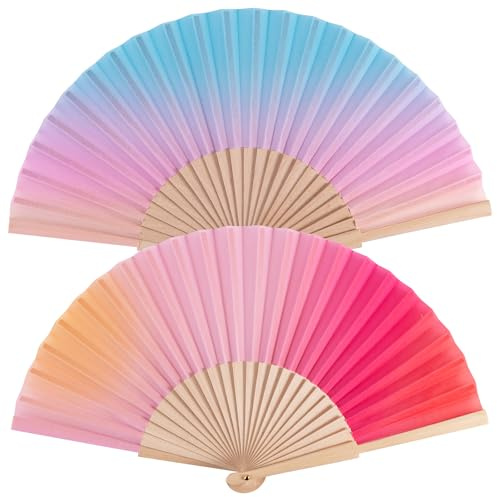 Leikedun 2 Pack Gradient Color Silk Fabric Hand Fans, Hand Fan Folding | Hollow Carved Bamboo Folding Hand Fan Chinese Fan Folding Fan for Wedding, Gifts, Performance, Dancing, Home Decoration