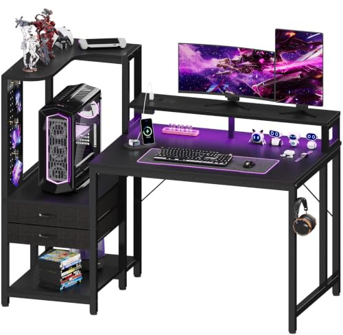 JUMMICO 120x70cm Gaming Tisch mit Steckdose & LED, Schwarz | Gamer Schreibtisch mit 2 Schubladen,Monitorständer & Kopfhöreraken,Seiten-Pegboard,Carbon-Optik Computertisch