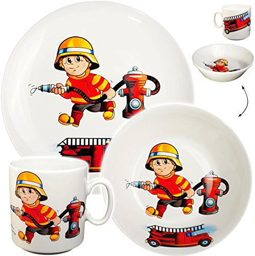 alles-meine.de GmbH 3 TLG. Geschirrset großer Teller/Kinderteller + Schüssel + Henkeltasse - Feuerwehr - Feuerwehrmann & Feuerwehrauto - aus Porzellan/Keramik - Tasse -..