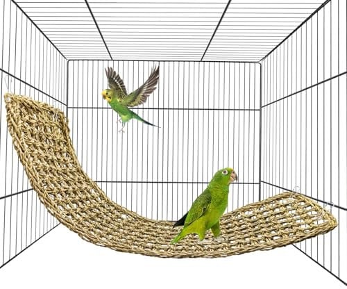 BLSMU Bird Seagrass Mat,Natural Grass Woven Net Hammock Hanging on Parrot Cage with 4 Hooks,Parakeet Climbing Rope Ladder Chew Toys for Lovebird Cockatiel Conure Budgie,Cockatoo Supplies 28.3 x 6.7