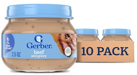Gerber Stage 2 Baby Food, Beef and Gravy Jar, Baby Food Meat Puree, Baby Mealtime, Baby Puree Jars Glass, 10-Pack