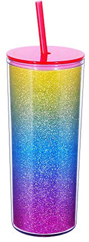 Home Tune Rainbow Tumbler with Straw, Sand Flow Glitter Double Wall Acrylic Cup Tumbler, 21 oz / 640ml (Pink)
