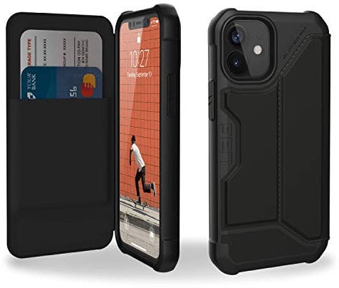 URBAN ARMOR GEAR UAG iPhone 12 Mini 5G - (5.4 inch) Flip Folio Cover with Card Slots and Viewing Stand Feather-Light Rugged Metropolis Protective Cover, SATN ARMR Black