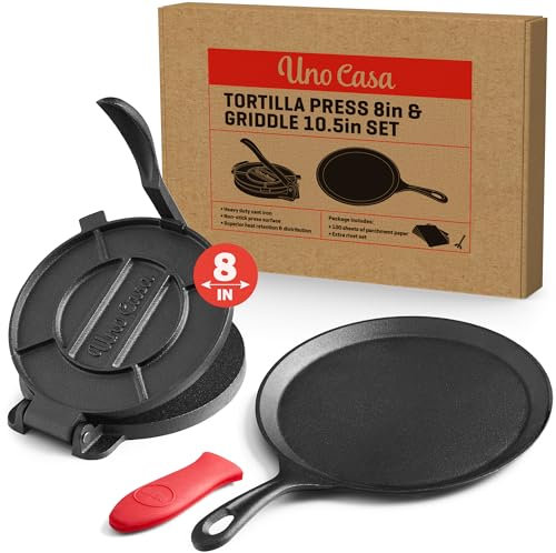 Uno Casa Cast Iron Tortilla Press 8 Inch with Cast Iron Comal Pan - Bundle of Cast Iron Tortilla Skillet for Roti Pan, Tawa Pan, Dosa Pan & Tortilla Press Pataconera, Comales para Tortillas