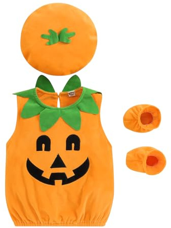 Carolilly 3 Pièces Ensemble Déguisement Halloween Nouveau-Né Bébé Fille Garçon Citrouille Costume Barboteuse Robe Chaussures Chapeau Tenue pour Bébé Unisexe 0-3 Ans