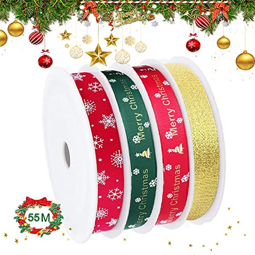 Cinta Navidad,4 Estilos Cinta de Navidad de Tela para Envolver Regalos,Total 55m Cintas de Grogrén Navideñas con Patrón de Copo de Nieve/árbol Rojo Verde Dorado
