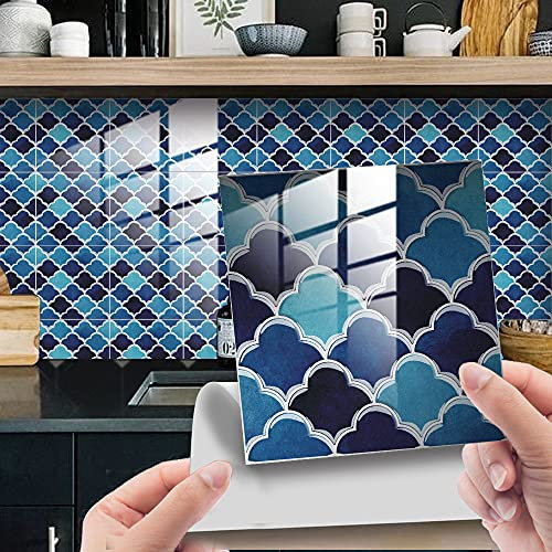25pcs Kitchen Bathroom Wall Tile Stickers, Hiser Square Marble Mosaic Scales Style Waterproof Decals Sticker for Kitchen Living Room Bathroom Home DIY Decor Self-Adhesive (Navy blue,15x15cm)