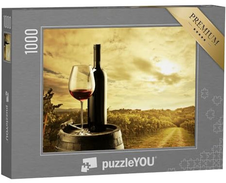 puzzleYOU: Puzzle 1000 Teile „Rotweinflasche und Weinglas auf einem Holzfass im Weinberg“ – aus der Puzzle-Kollektion Wein