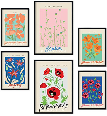 Nacnic-Set von 6 Frühlingsblumen-Plakaten. Sammlung von Platten mit ästhetischer Collage für Innendekoration. Größen A3 und A4. Rahmenlos