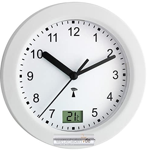 TFA Dostmann 60.3501 Analoge spritzwassergeschützte Funk-Badezimmeruhr mit Temperaturanzeige (Weiss mit Batterie)
