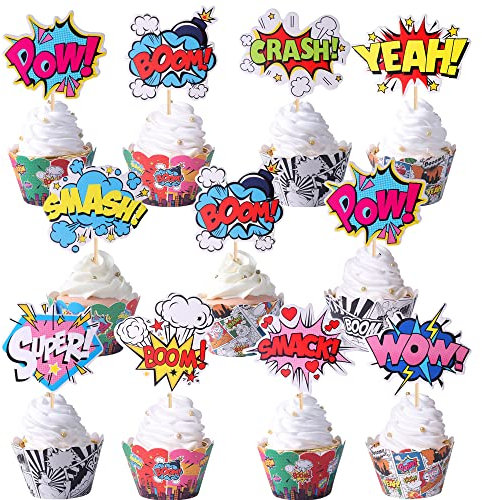 36 Stück Superhelden-Cupcake-Topper und Wrapper Boom Pow Hero Cupcake Picks für Kinder Heros Thema Babyparty Geburtstag Party Kuchen Dekorationen Zubehör bunt