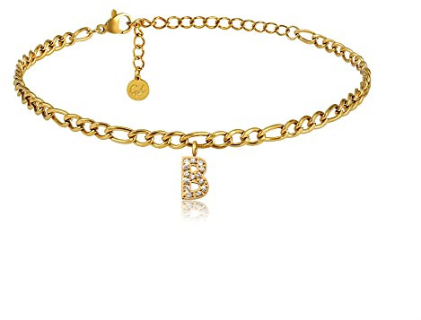 GD GOOD.designs EST. 2015 Bracelet de cheville or avec lettres résistant à l'eau I Bracelet de cheville pour femme doré 18K I Chaîne de cheville réglable (22-27cm) en acier inoxydable (B)