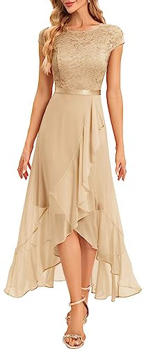 Bbonlinedress Ballkleid lang Damen Abendkleider elegant für Hochzeit festliches Spitzenkleid Vokuhila Chiffon Brautkleid Party Champagne L