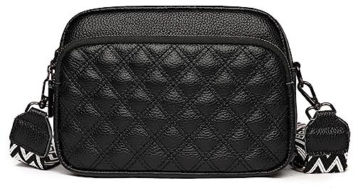 AMAZON Damen Umhängetasche, Leder Crossbody Schultertasche, Breiter Riemen Abendtasche mit 3 Reißverschlussfächern Handtaschemit mit Kartenschlitz Verstellbar Abnehmbar Schultergurt-Schwarz