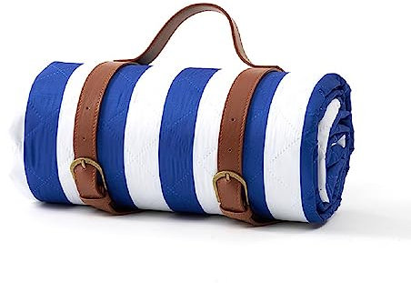 Outdoor Picknickdecke Faltbare Picnic Blanket mit Tragegriff Wärmeisoliert Stranddecke Wasserdicht Sandfrei Picnic Decke Waschbar Outdoor Campingdecke Geometrisch Streifen (Blau weiß, 150x200cm)