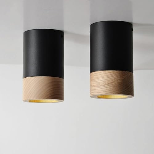 ouglres Deckenlampe Gu10 Holz,Industrial Deckenleuchte Schwarz,2er Deckenspots aus Metal,Retro Design Deckenstrahler Aufputz für Wohnzimmer Schlafzimmer Flur Küchen,Einfache Montage