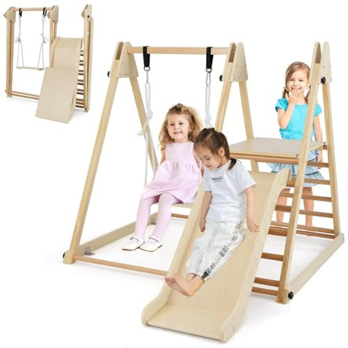Maxmass 3-in-1 Kids Climbing Frame, Wooden Children Climber Playset with Swing, Slide and Ladder, Garden Toddler Jungle Gym Playground for Indoor Outdoor (Natural)