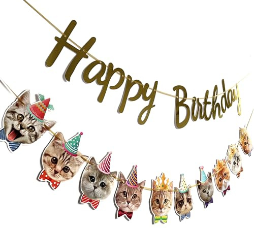 Happy Birthday Banner Katze Girlande Lustige Geburtstag Dekor Katze Gesicht Bday Party Wimpelkette Dekorationen Gold Geburtstag Schild