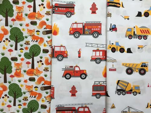 Keine Meterware, Stoffpaket 3x50x160cm, Stoffe zum Nähen für Kinder, 100% Baumwolle: 1,5m Baumwollstoff Stoffset Paul auf weiß - Junge Kinderstoff Füchse Baustelle Fahrzeuge Feuerwehr