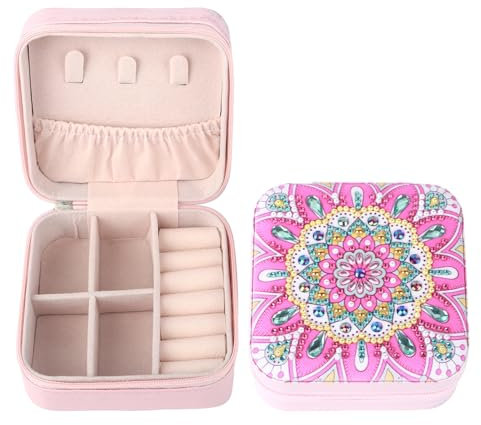 SHEGZHUC Joyero de Viaje Cajas Pintura de Diamantes Jewelry Organizer para Mujer Caja Joyero Organizador de Viaje Manualidades Caja de Joyería para Anillos Pendientes Collares Pulseras Mandala Rosa