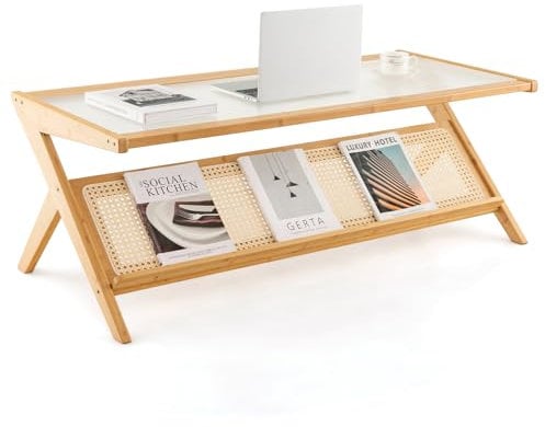 LIFEZEAL Table Basse avec Cadre en Bambou, Table de Salon Rectangulaire à 2 Niveaux avec Plateau en Verre Trempé, Meuble de Salon avec Étagère en Rotin Tissé, 120 x 56 x 44,5 cm, Naturel