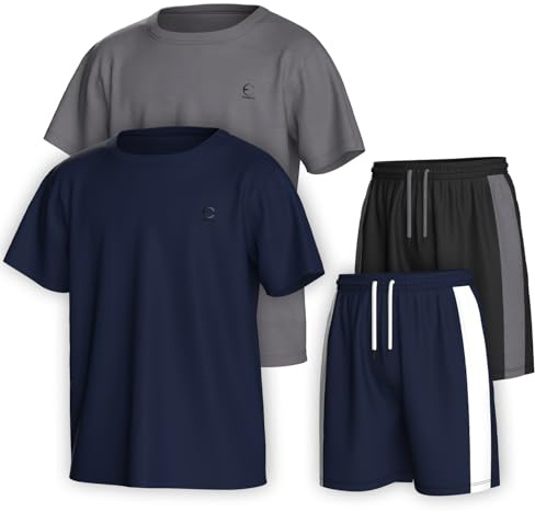 Essenclo Boys Clothing Sets Tagless Loose Athletic Performance Crew Neck T-Shirt and Short Outfits Size 3-16 (4 Piece Set)