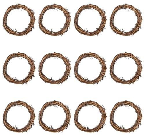 PATIKIL 4 Inch Rattan Wreath, 12 Pcs Christmas Round Natural Vine Branch Wreath Garland Floral Ring Hoop for Door Window Hanging Decorations, Brown
