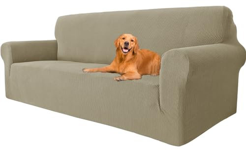 YSTELLAA High Stretch Sofa Überzug 3 Sitzer, Couch Bezug rutschfest, Universal Sofahusse Elastische, Couchüberzug Sofaschutz Katze Durable, Waschbare Sofa Covers Mit Armlehnen, Khaki