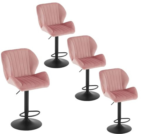 EUGAD Taburetes Altos de Cocina, Juego de 4 Taburetes Bar, Taburetes con Respaldo y Reposapiés, Sillas Giratorias de Terciopelo, Sillas Barra Bar y Bistro, Altura Ajustable, Rosa, 1077BY-4