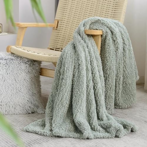 HORIMOTE HOME Ultraweiche, gemütliche Fleece-Sherpa-Überwurfdecke, leicht, warm, dekorative Überwurfdecke, salbeigrün Muster, wendbar, Boho-Decke für Sofa, Couch, Schlafzimmer, Reisen, 152 x 203 cm