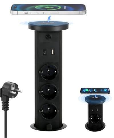 Enchufe Retráctil con Cargador Inalámbrico 10W, Regleta Vertical Encastrable con 1 USB C 20W 1 USB-A 18W, Regleta Empotrable, Torre de Enchufe Retráctil para Oficia Casa, 2m Cables