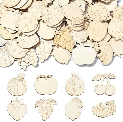 Airssory 100 Stück gemischte Stile, Obst-Thema, unlackiertes Holz, Ausschnitte, Apfel, Erdbeere, Kirsche, Banane, Holzscheiben für Bastelarbeiten, Drucken, Kunst, Handwerk, Verzierungen
