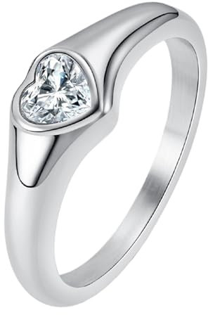 JewelryWe Herz Ring Damen Verlobungsring: Edelstahl Damen-Ring mit Herzförmig Zirkonia Frauen Eheringe Trauringe Herz Minimalistisch Ring für Versprechen Engagement Hochzeit Silber Größe 59