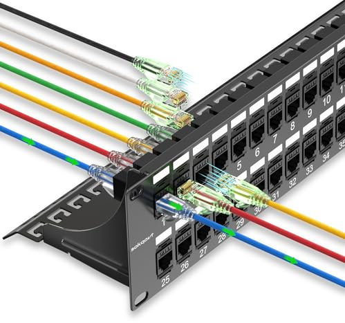 Sokqovt Panneau de brassage 48 ports Cat6 avec coupleur Keystone, panneau de brassage réseau Cat6 10G sans perforation, panneau Ethernet 2U Rj45 pour gain de temps avec barre arrière robuste, panneau