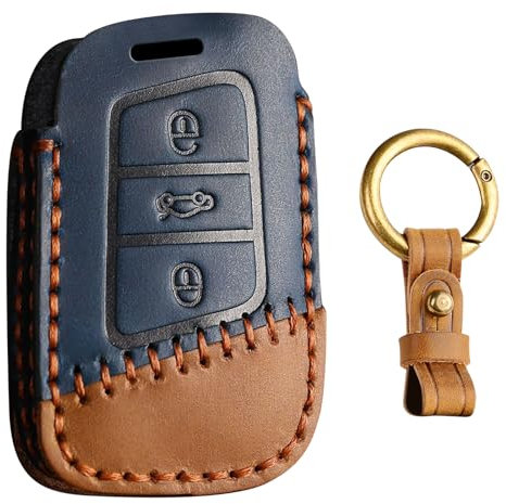 KUNIO Leder Schlüsselhülle Passt für VW Magotan Passat B8 Tiguan MK2 für Jetta Passt für Skoda Superb A7 Kodiaq für Seat Ateca Schutz Schlüsseletui Schlüsselanhänger 3 Tasten Blau
