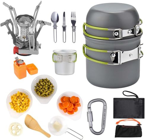 LIBRELUNE 15pcs Kit de Casserole Camping,Kit de Popote Camping Accessoires avec Rechaud,Set de Vaisselle Camping pour Bivouac Randonnée 1-2 Personnes